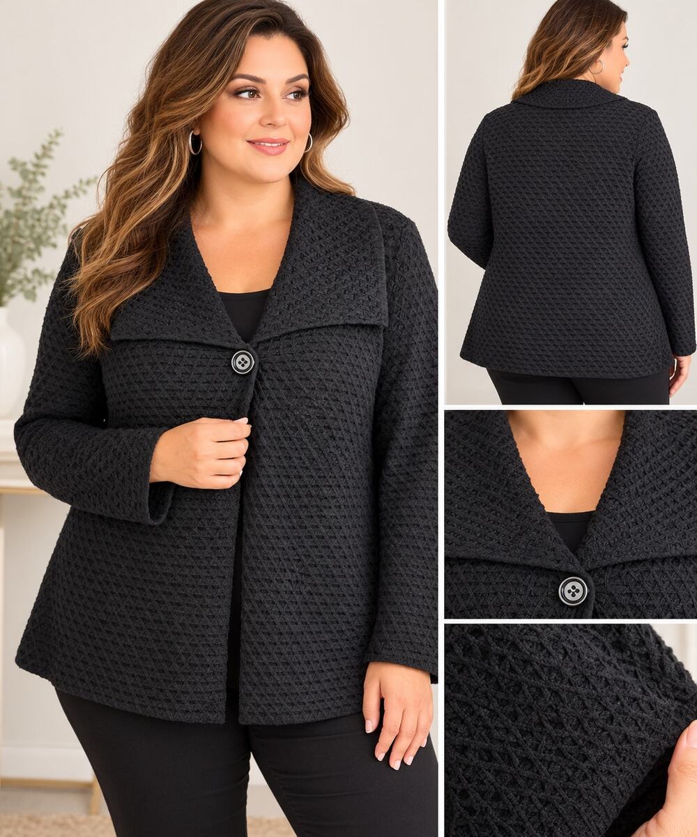 JM Collection Woman 1X Black Textured Cardigan Jacket Button Front Long Sleeve